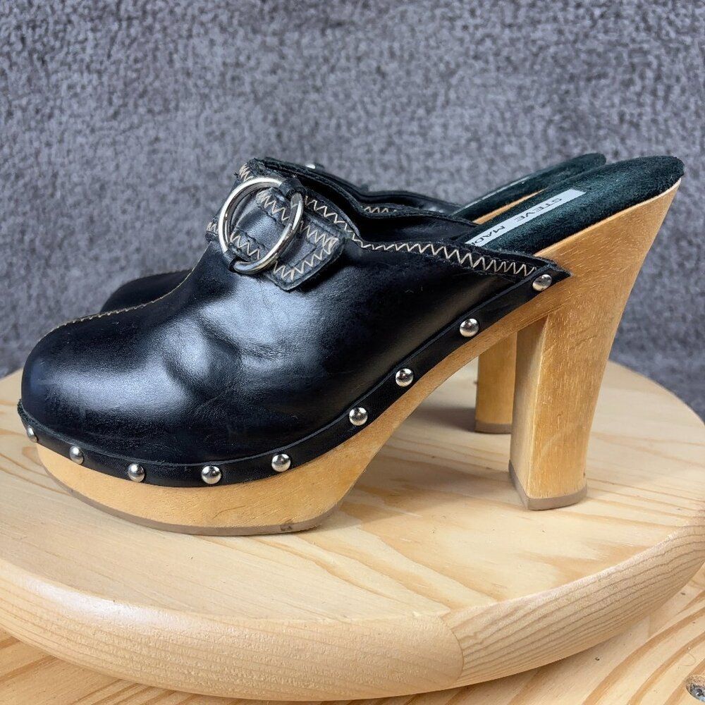 Steve Madden Shoe Y2K Faris Wood High Heel Women 8 Leather Black Platform Chunky